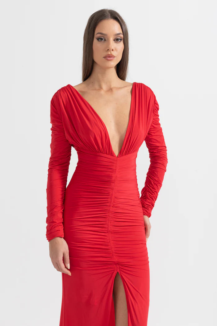 Elegant Ruched Dress With Deep Neckline - Red