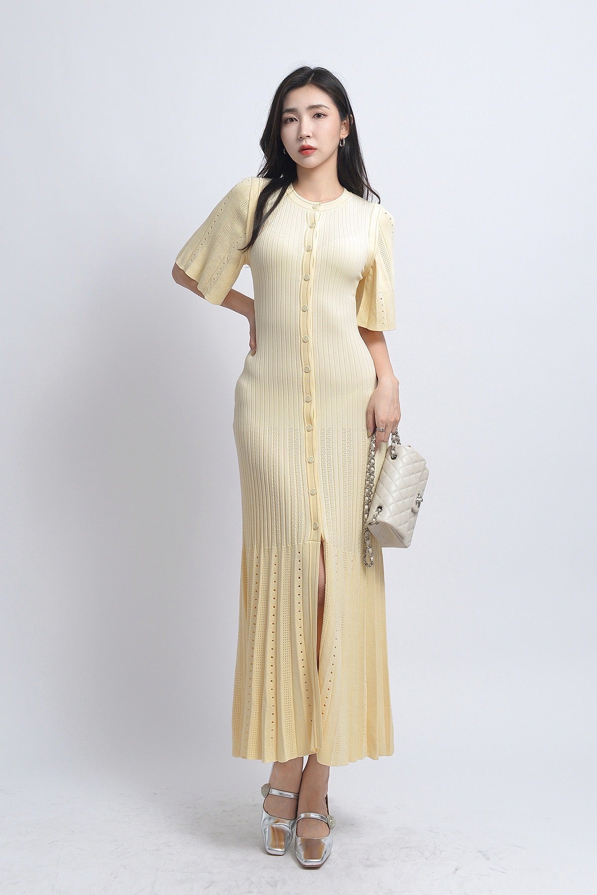 Palma Fine-knit midi dress with openwork design yellow