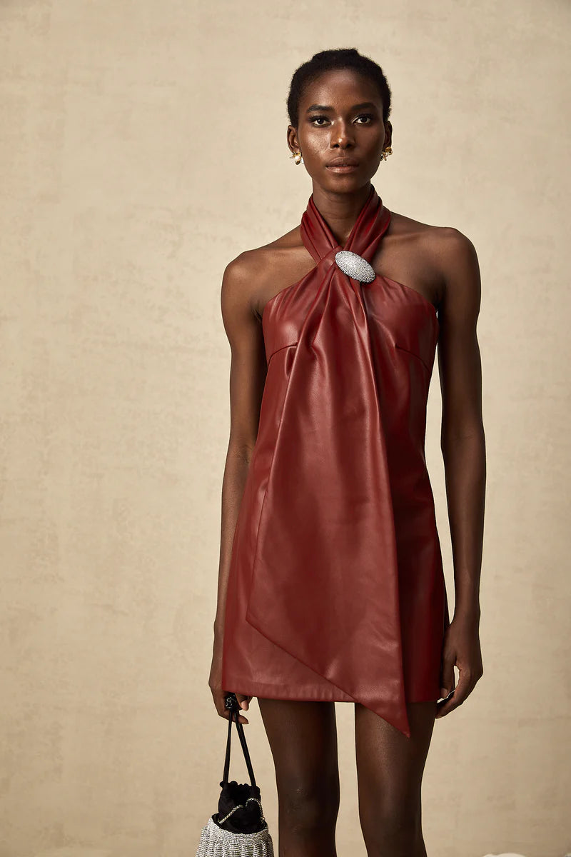 Maxanne Red Halterneck Mini-robe en peau de mouton