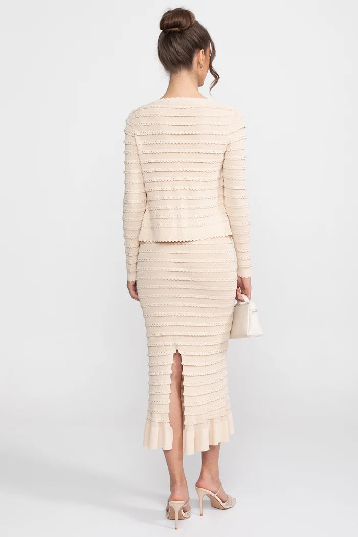 Textured Knit 3 Piece Set With Blazer, Top and Midi Skirt - Beige