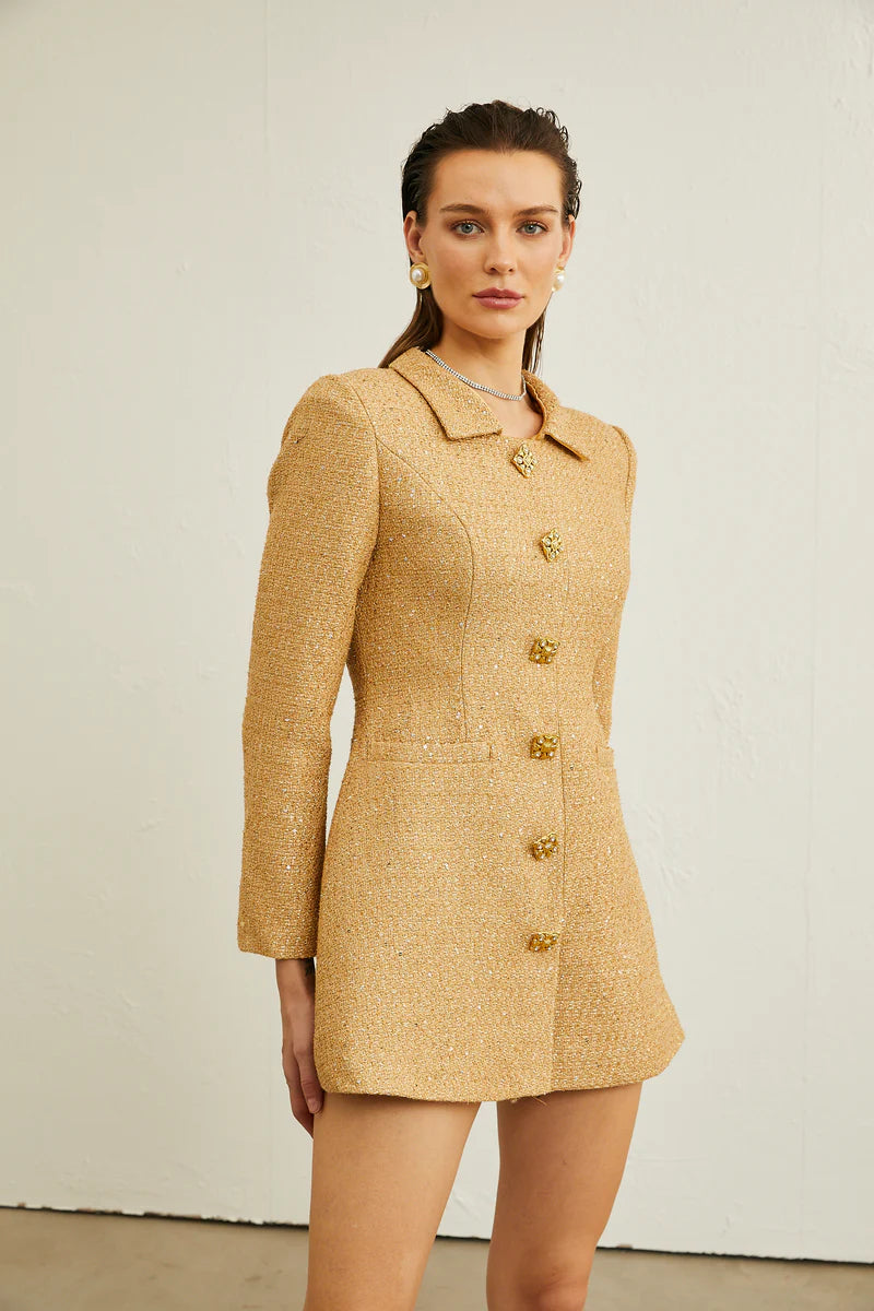 Morgane Tweed Long-Sheeve Mini Robe