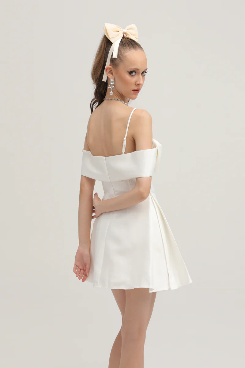 Elva White Bowknot Mini Robe évasée