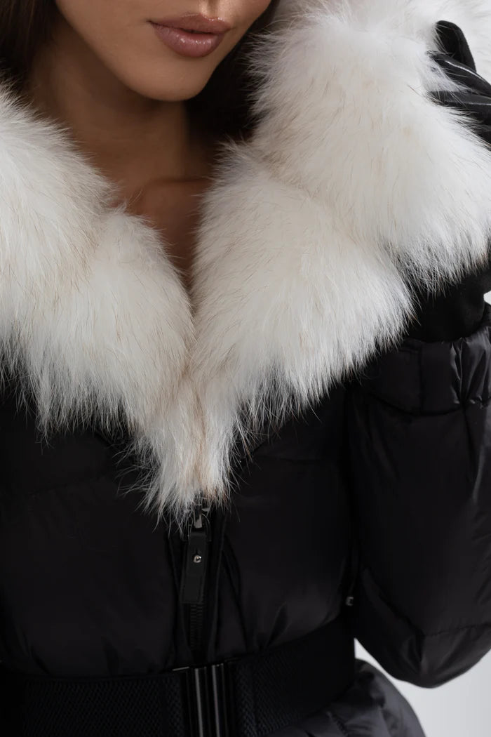 Puffer Jacket With Waistbelt And White Fox Fur-Lined Hood - Black