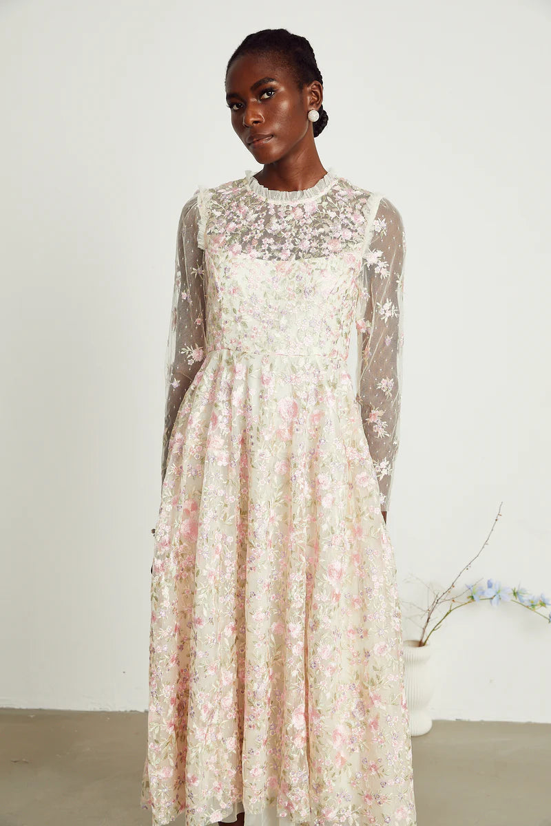 Lucie floral embroidered tulle midi dress