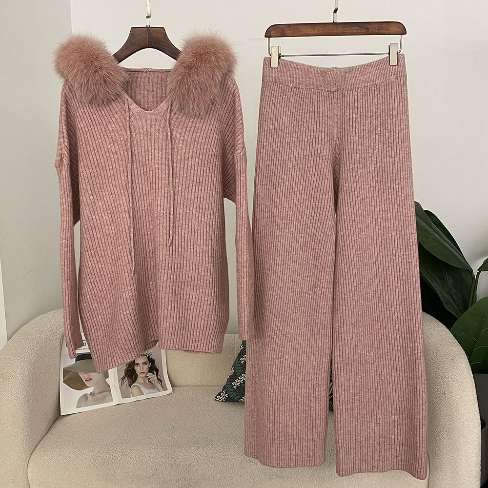 Sweater Wide-leg Pants Hooded Loose set