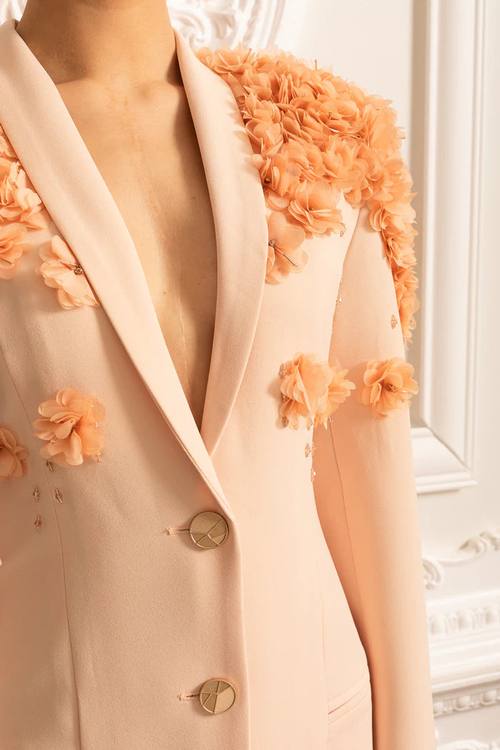Long Overcoat With 3D Contrasting Floral Shoulder And Back Accents - Peach