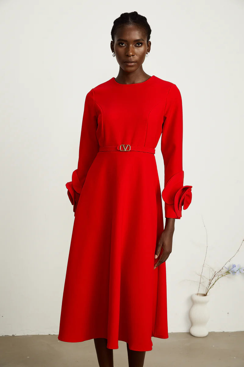 Coralie red long-sleeve floral-appliqué midi dress
