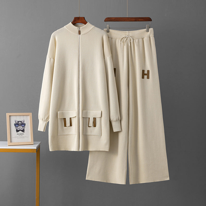 Top + drawstring loose wide-leg pants two-piece set