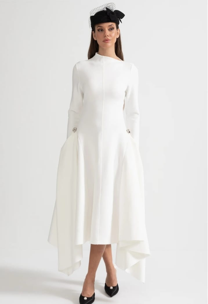 Long-Sleeved Dress With Asymmetrical Hem And Structured Silhouette - White