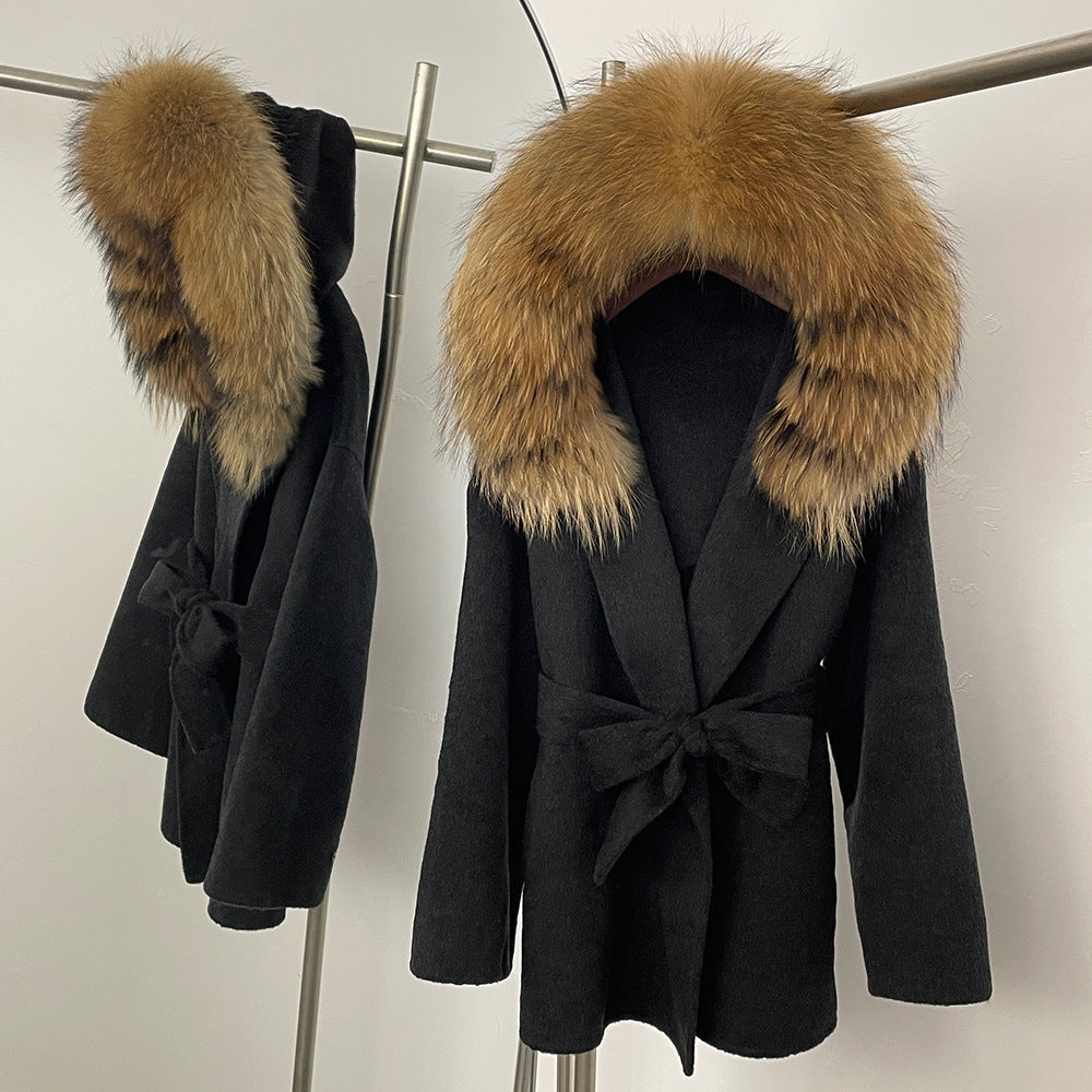 Two-color fur woolen coat