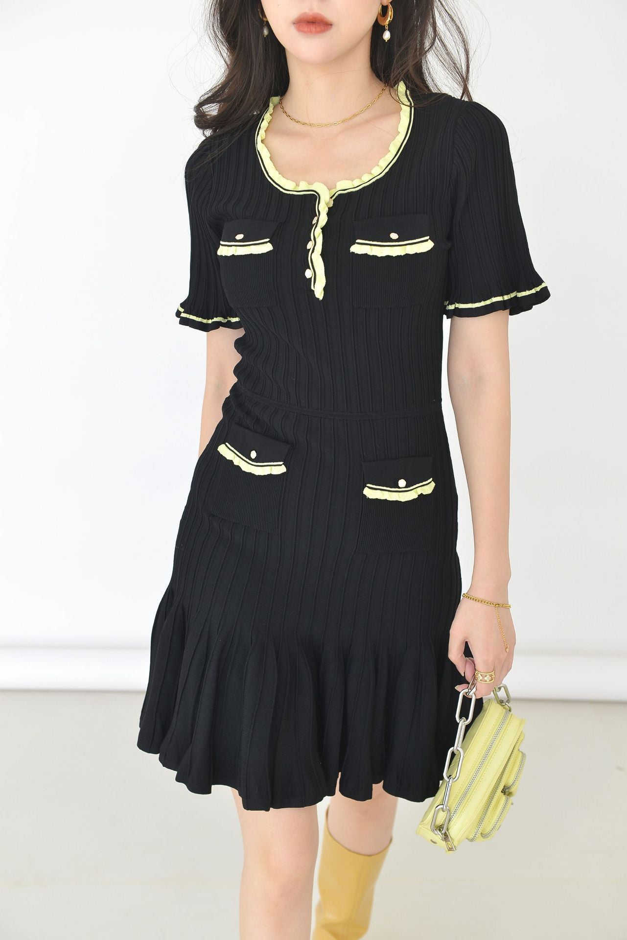 Commuter Pleated Cinched Waist Slim Dress Cruise 2023 New Bootcut Short Sleeve Skirt