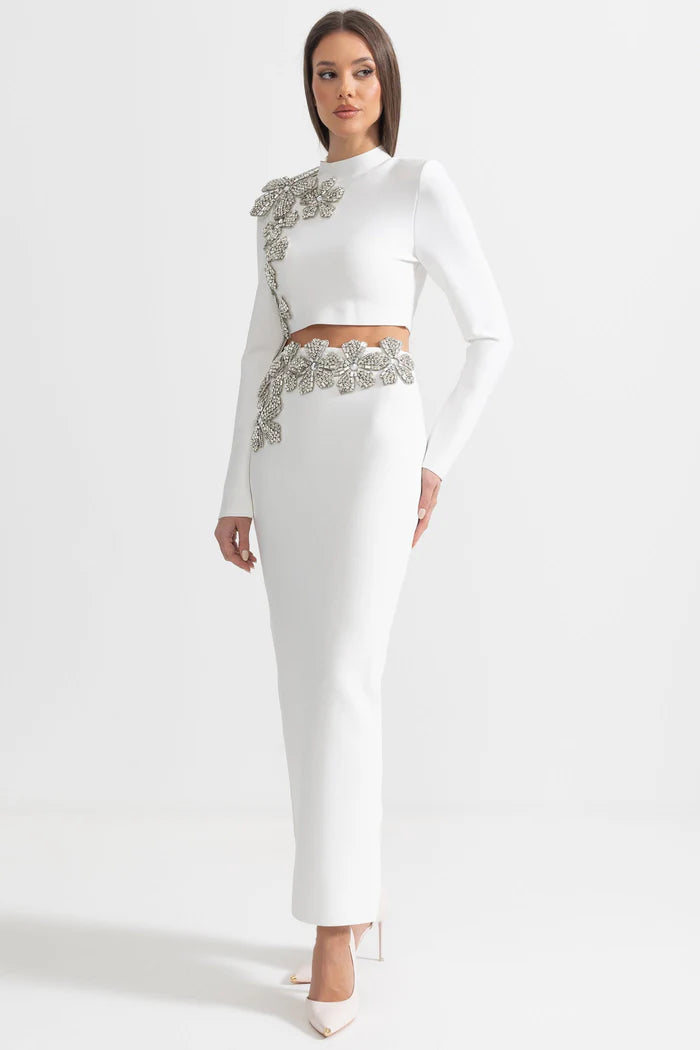 Diamond Flower Accent 2 Piece Set With Long Sleeves Top And Maxi Skirt - White