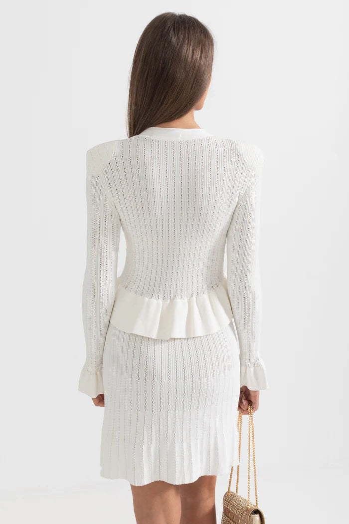 Long Sleeve Knitted Dress With Gold Buttons And Peplum Waist - White