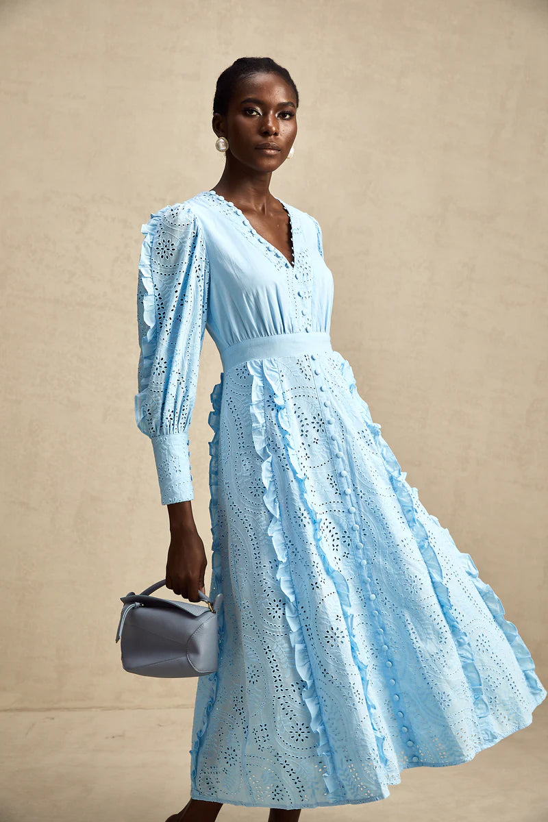 Raphaëlle blue open-work ruffled midi dress