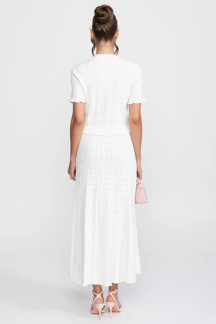 Ribbed Knit Co-Ord Set With Buttoned Front Cardigan And Matching Maxi Skirt - White