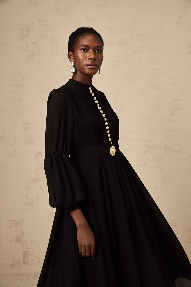 Viviane black pleated button-front midi dress