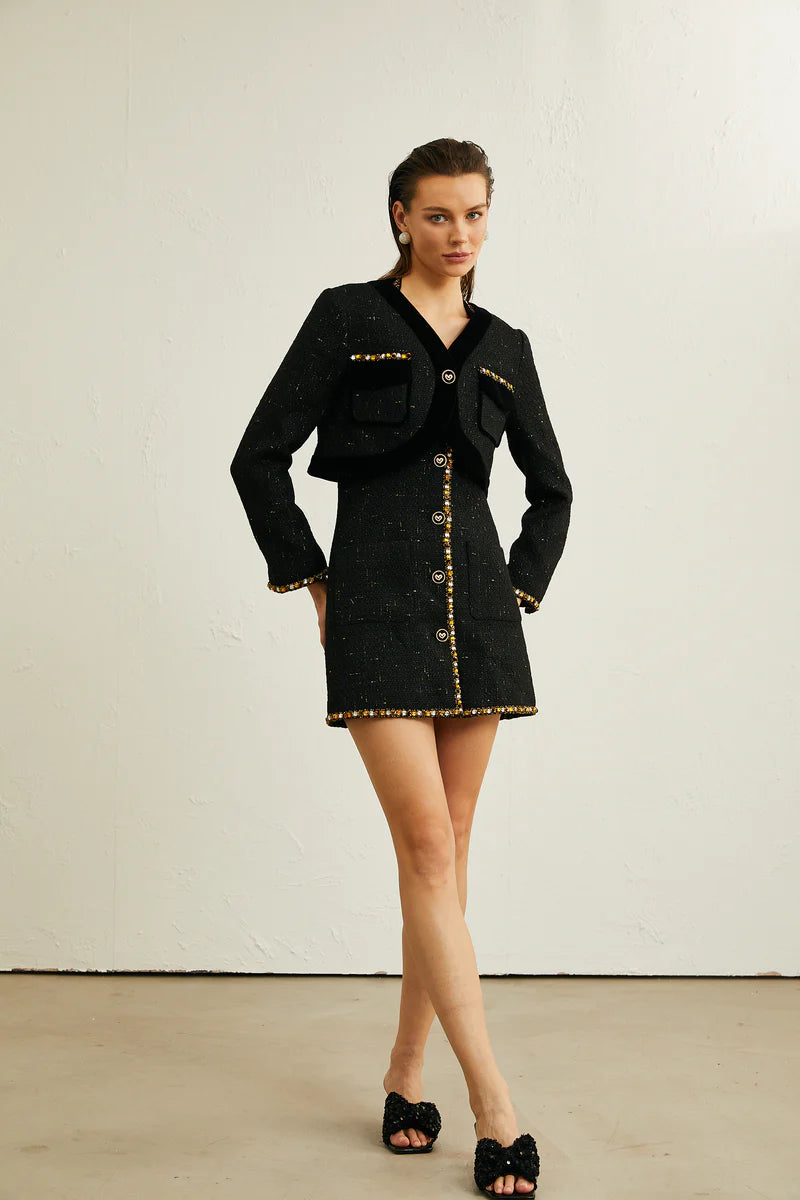 Cécile Black Tweed Cardigan & Dress Matching Set