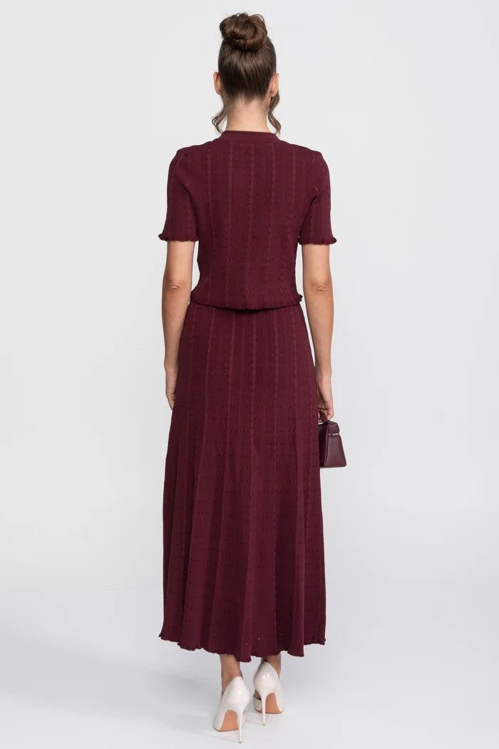 Ribbed Knit Co-Ord Set With Buttoned Front Cardigan And Matching Maxi Skirt - Burgundy