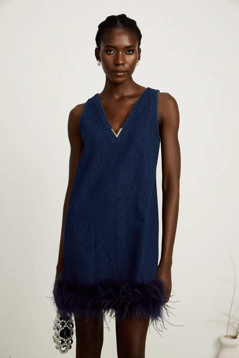 Selene bleu sans manches en plume-trim mini robe