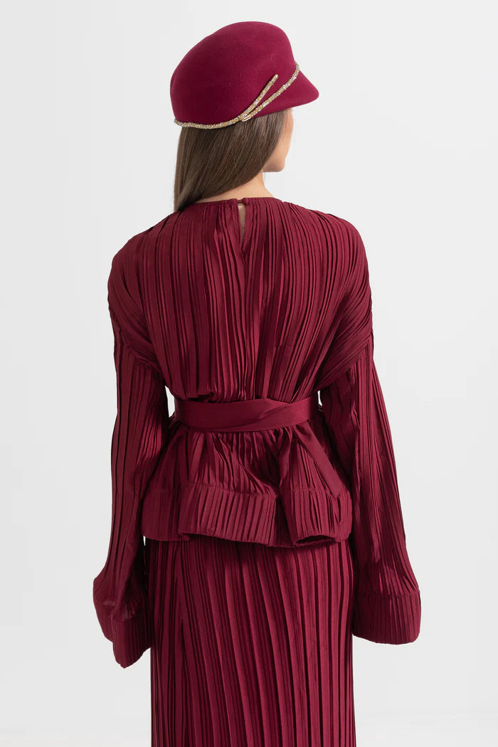 Elegant Ensemble With Pleated Top And Maxi Skirt - Burgundy