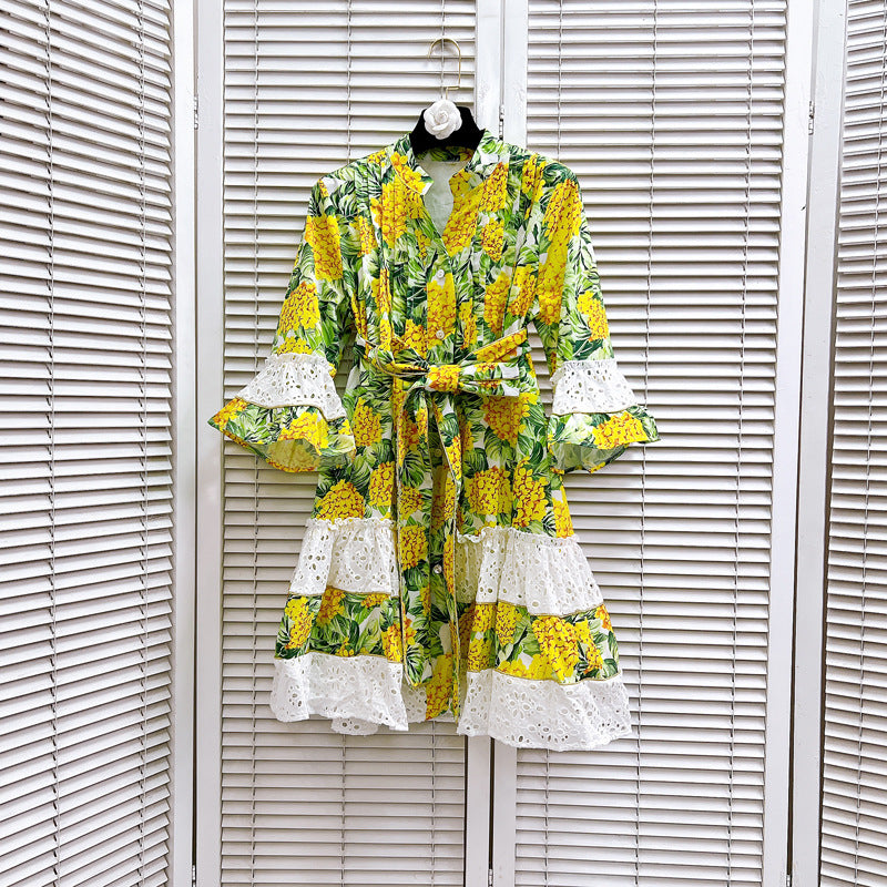 Vneck,bow, tie-in, waist-cinching cut-out dress