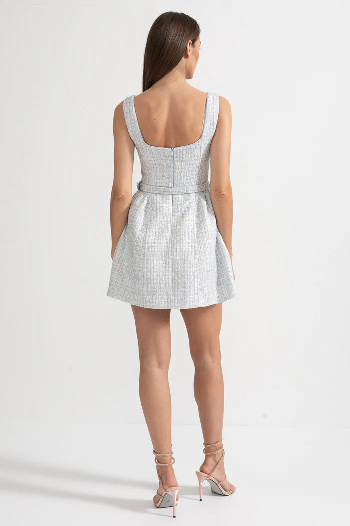 Textured Mini Dress With Fitted Bodice And Contrasting Buttons - Light Blue