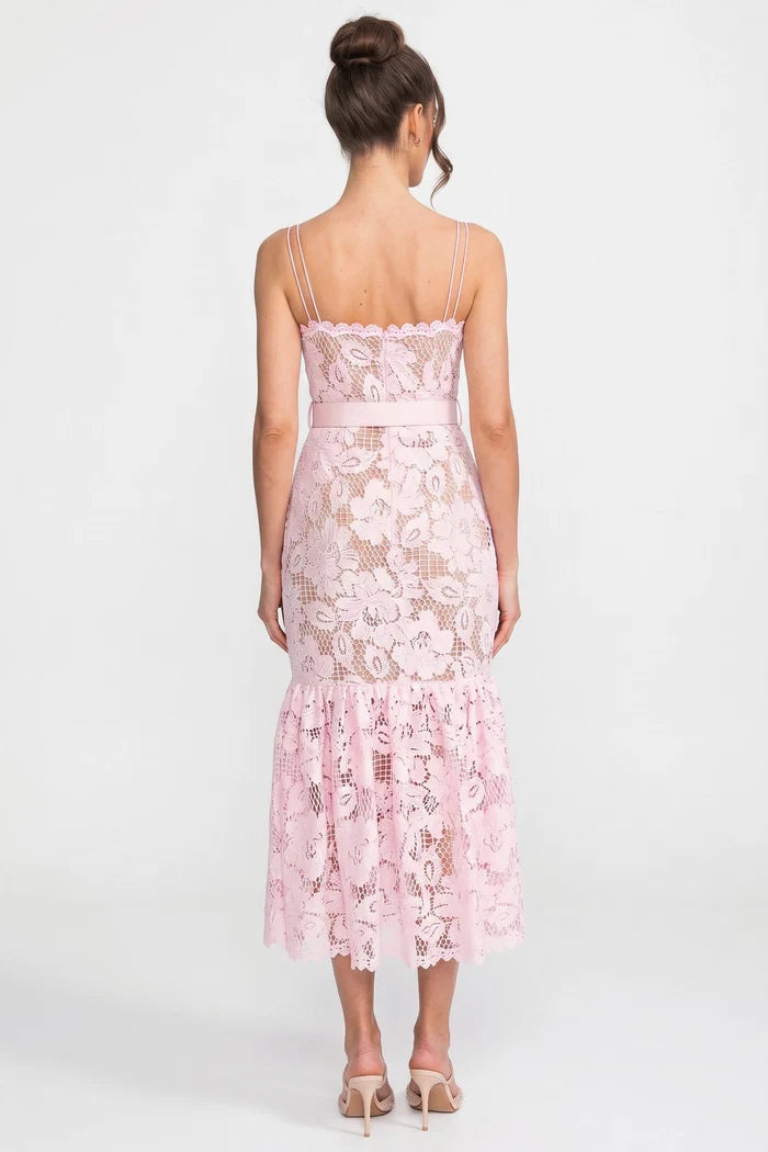 Lace Midi Dress With Belted Waist And Flounce Hem - Pink