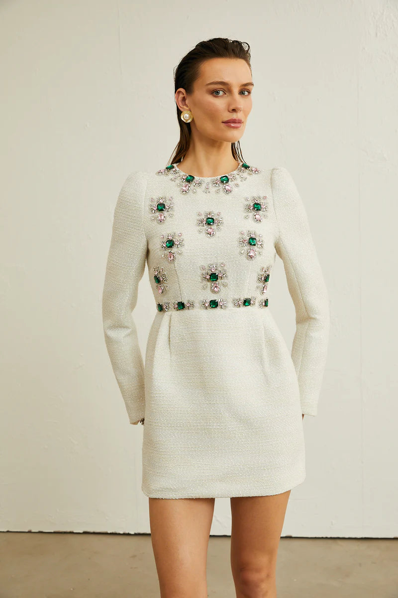 Pauline White Tweed Mini-robe ornée de perles de perles