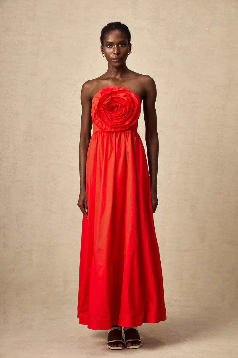 Assia red 3d-petal ruffled maxi dress