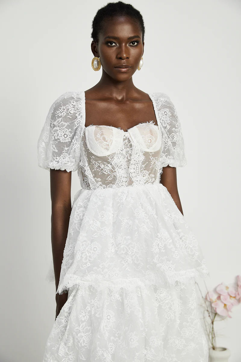 Mélisande white lace tiered maxi dress