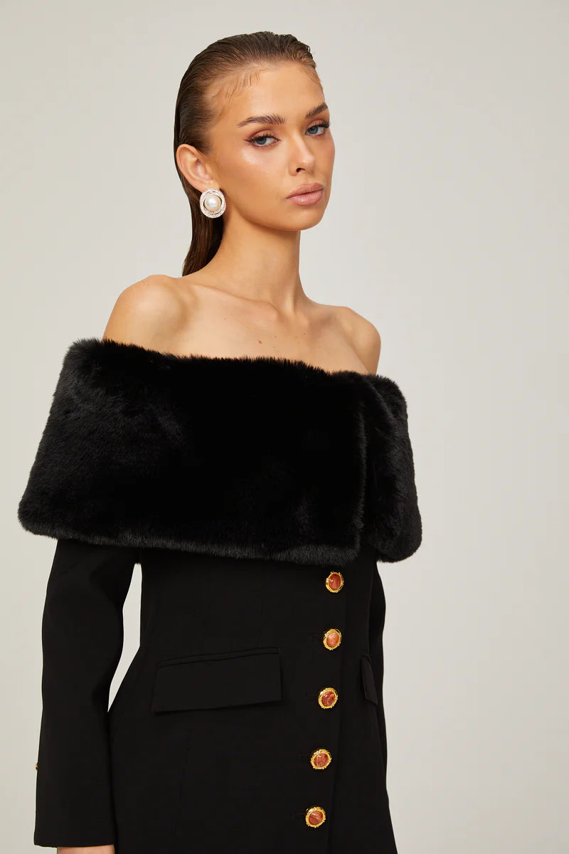 Céline Black Faux-Fur Mini robe à épaules dérangées