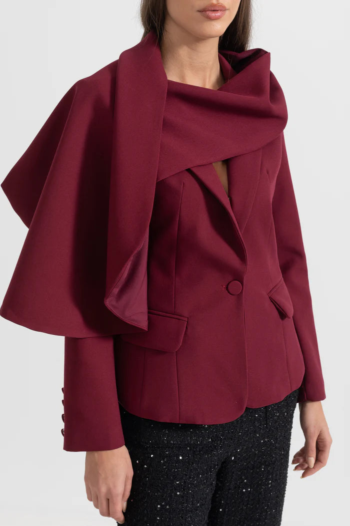 Modern Blazer With Asymmetrical Draped Scarf - Burgundy