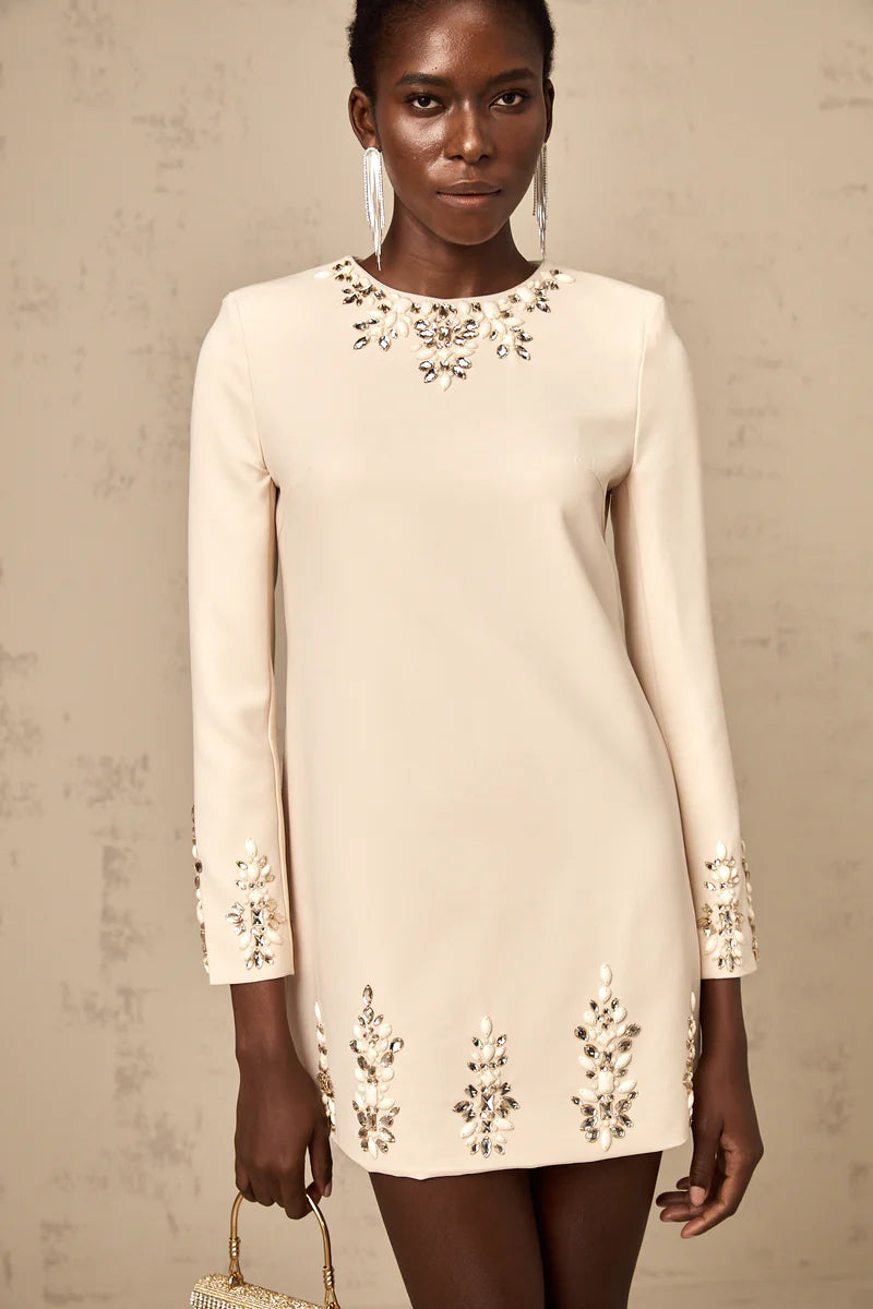 Mélissa crystal-embellished long-sleeved mini dress in Neutrals