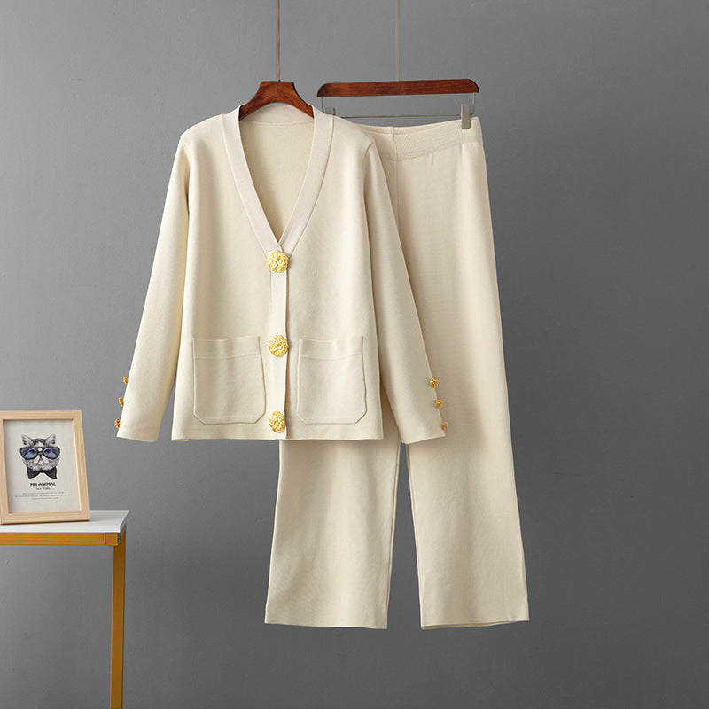 Metal buckle knitted cardigan sweater wide-leg pants set