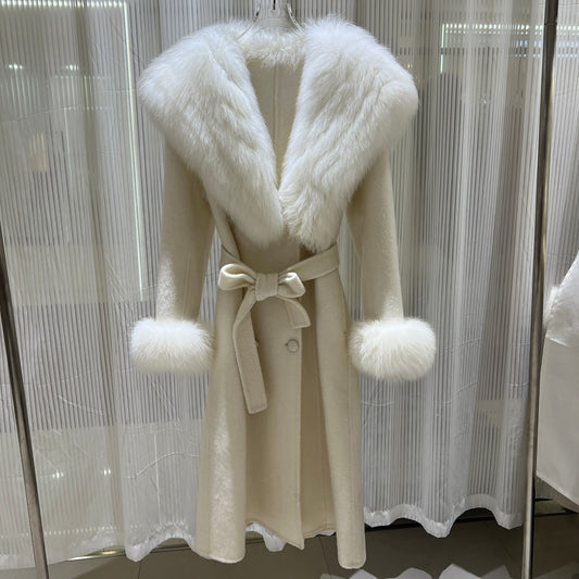 Faux Fur Collar Belted Wool Coat