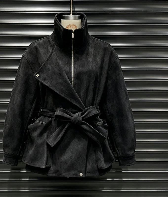 Slim Fit Short Jacket with Turn-down Collar and Tie Waist