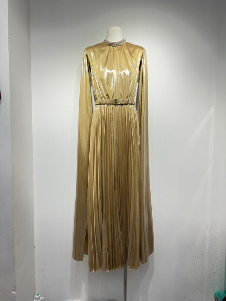 Champagne Pleated Cape Maxi Dress