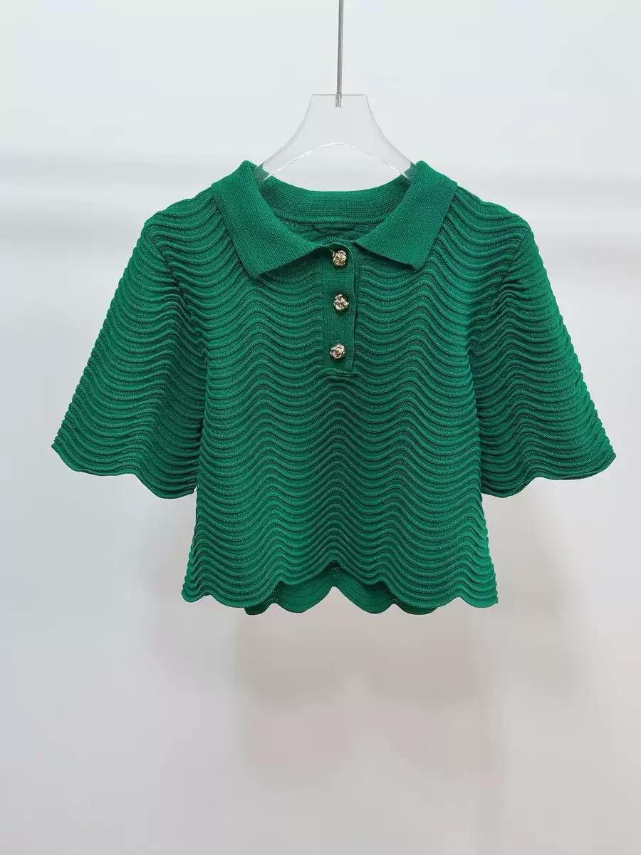 Lapel lace wavy texture knitted T-shirt skirt  set