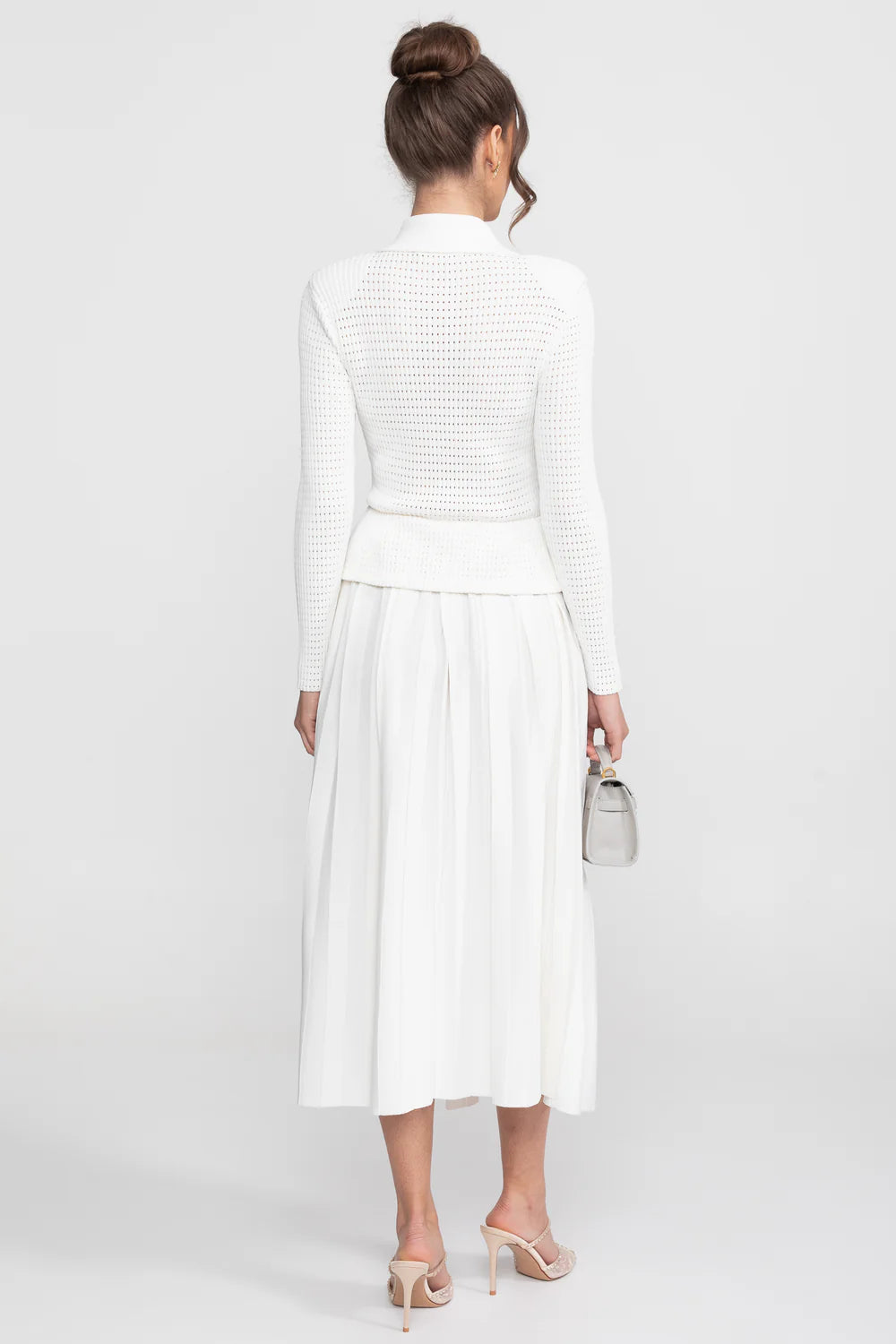 Open-Knit Dress with Pleated Midi Skirt - White