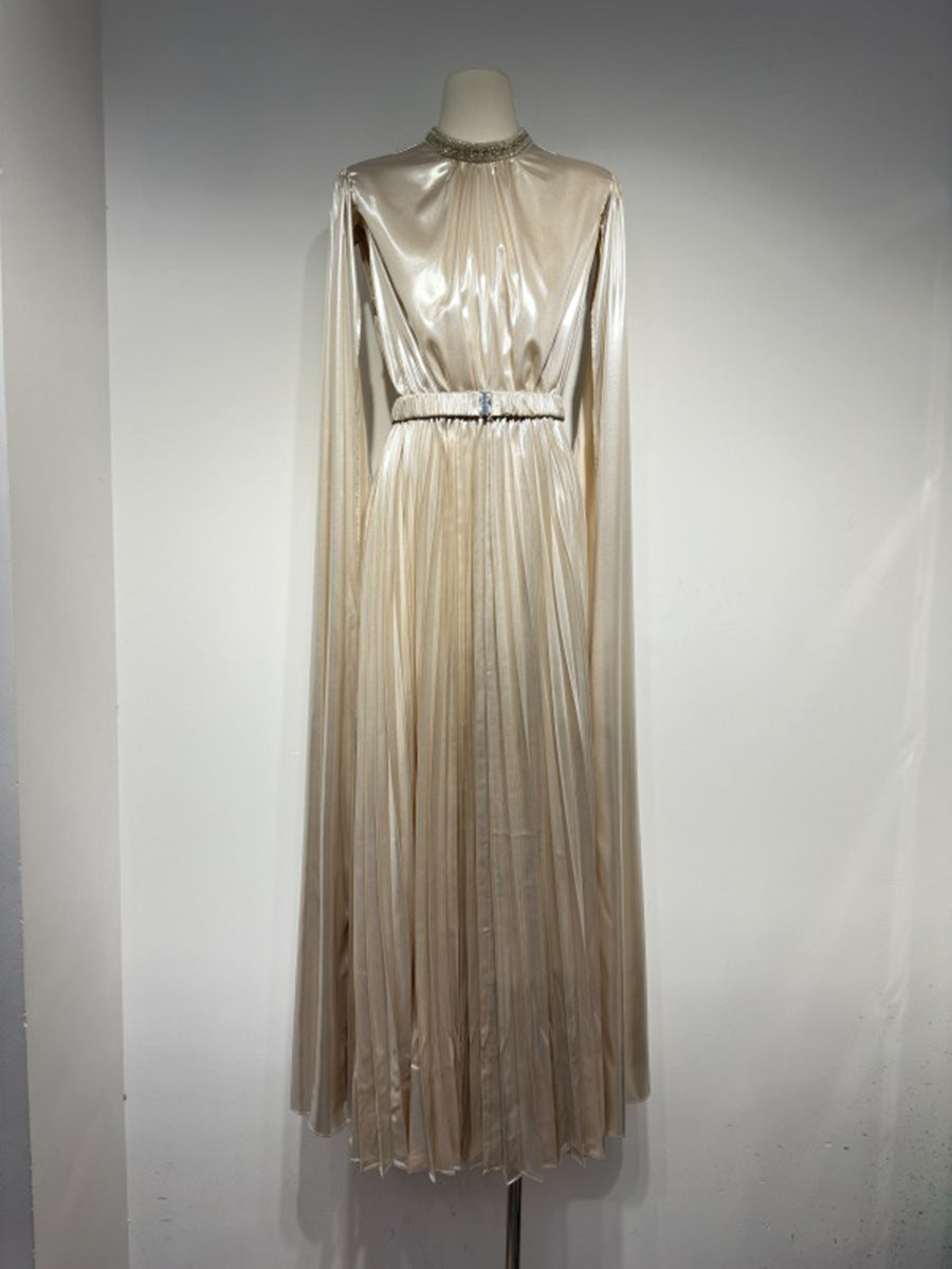 Champagne Pleated Cape Maxi Dress