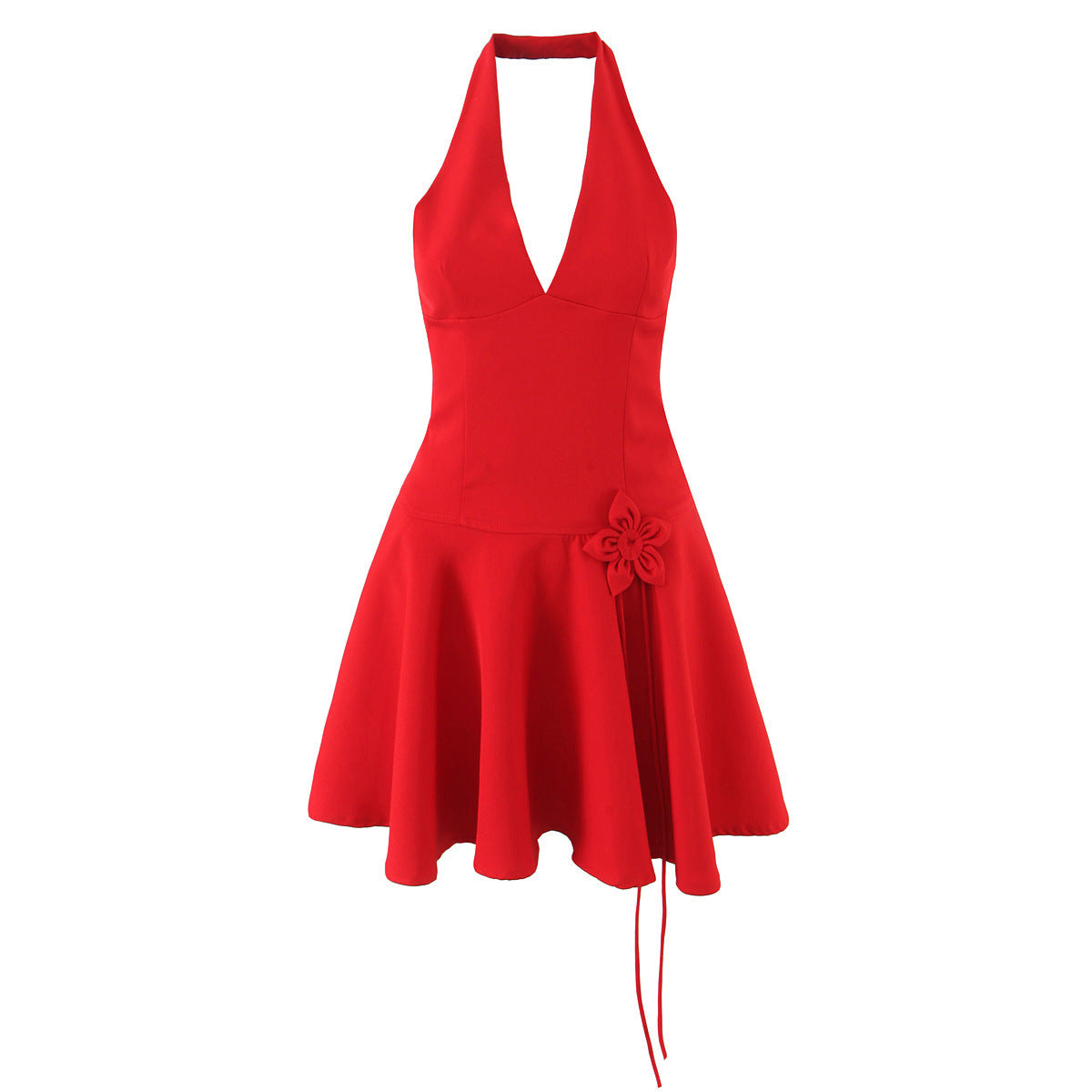 V-Neck Backless Halter Neck Cinched Waist Dress