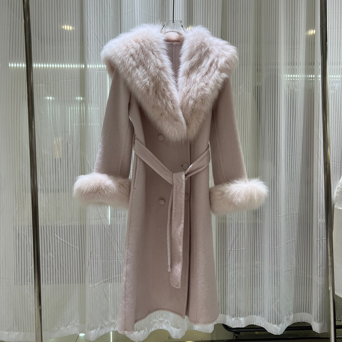 Faux Fur Collar Belted Wool Coat