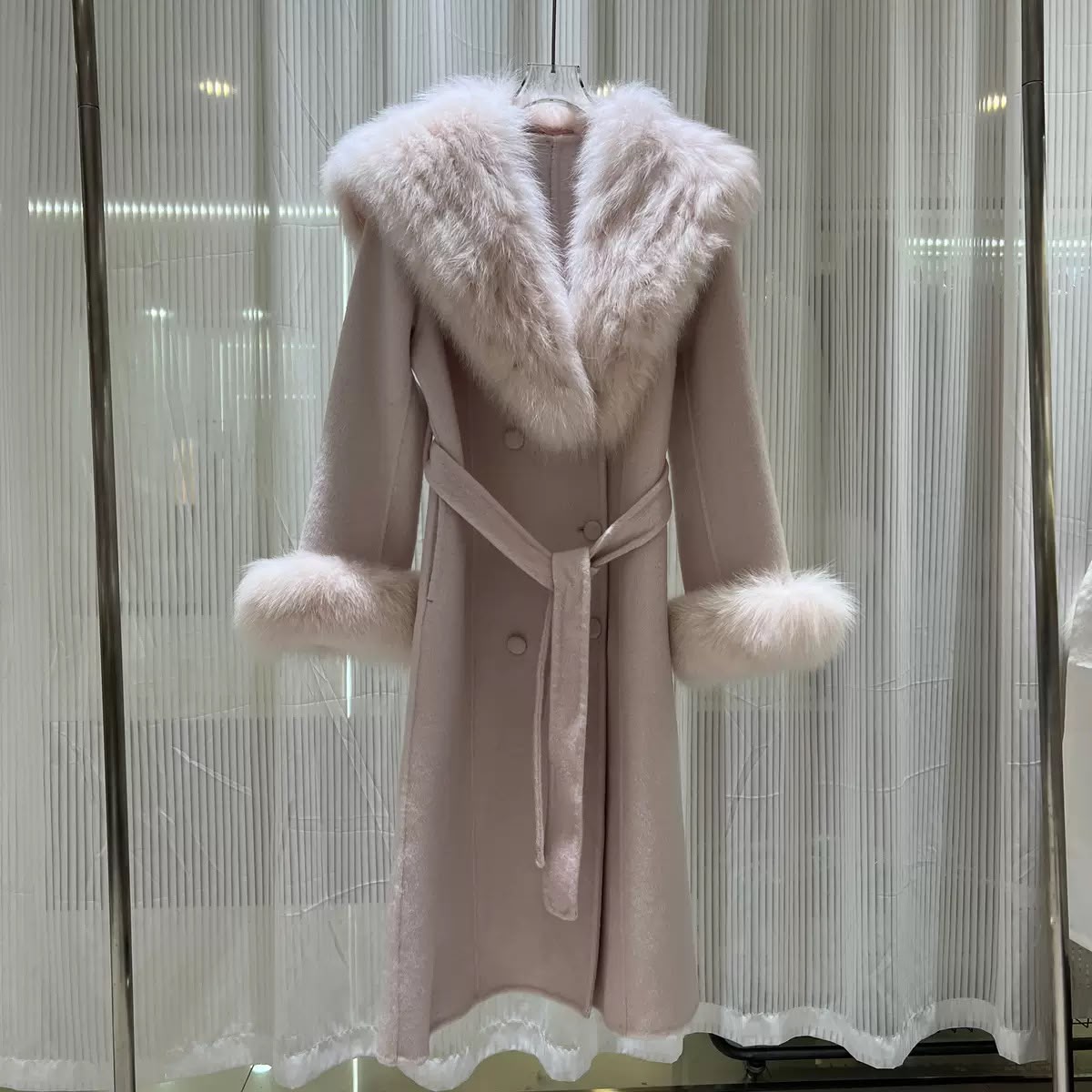 Faux Fur Collar Belted Wool Coat