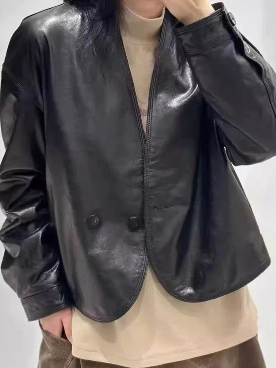 Sheepskin Coat Casual Collarless Short Top Jacket