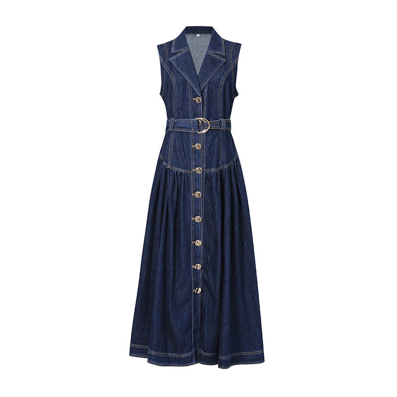 High-end lace-up solid color sleeveless long skirt