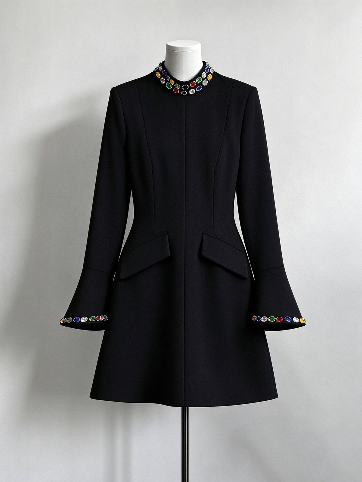 Jeweled Collar Flare Sleeve Blazer Dress