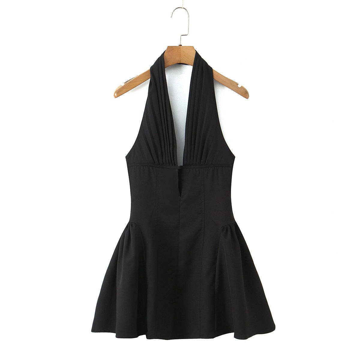 V-Neck Backless Halter Neck Cinched Waist Dress