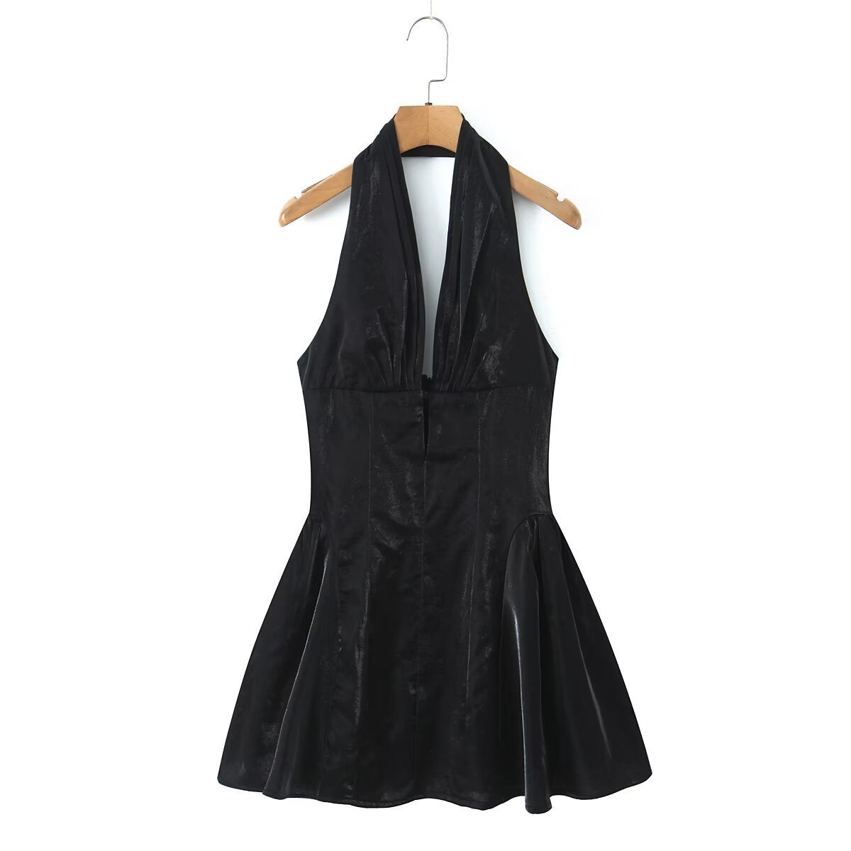 V-Neck Backless Halter Neck Cinched Waist Dress