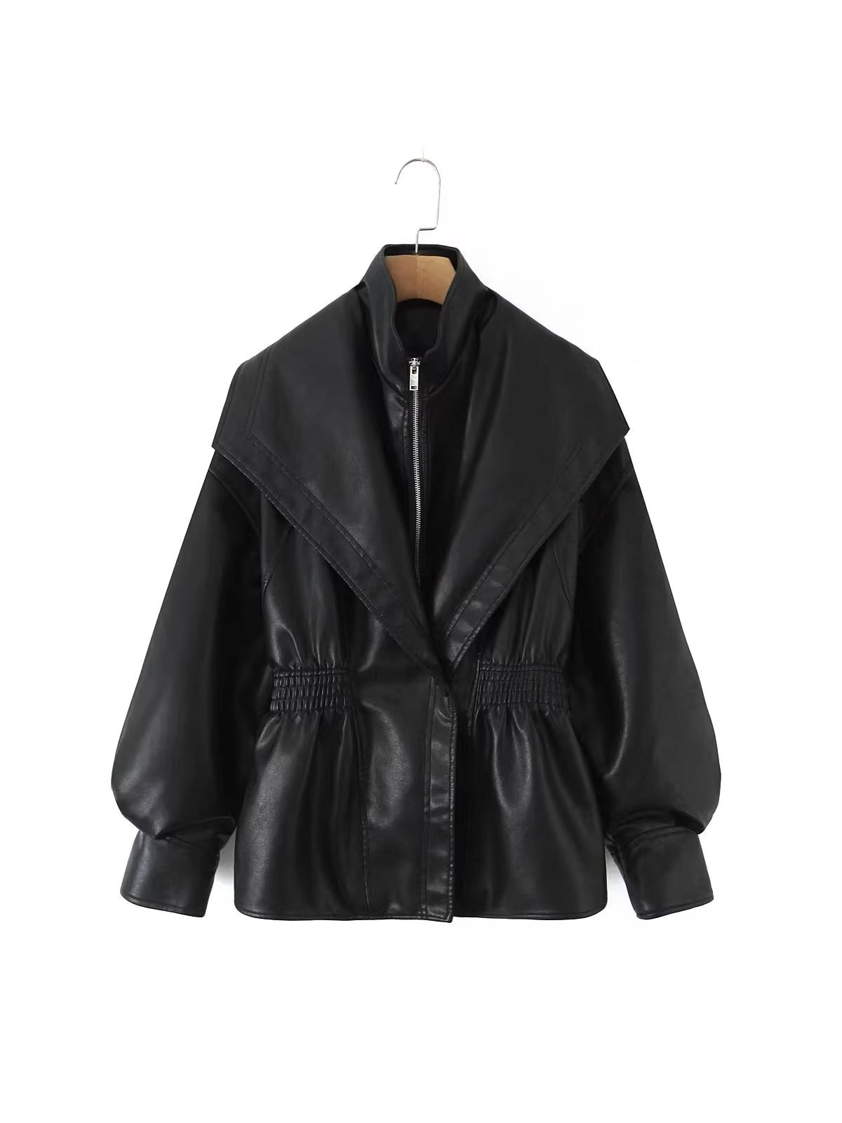 Double-Collar Elastic Waist  Leather  Coat