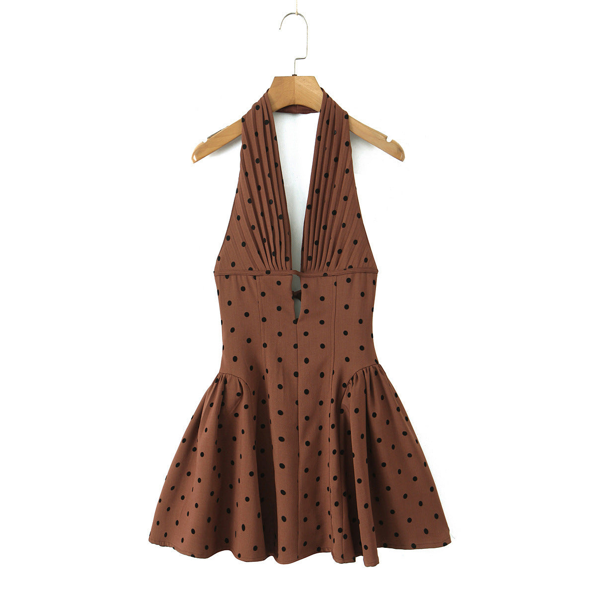 V-Neck Backless Halter Neck Cinched Waist Dress -Dots